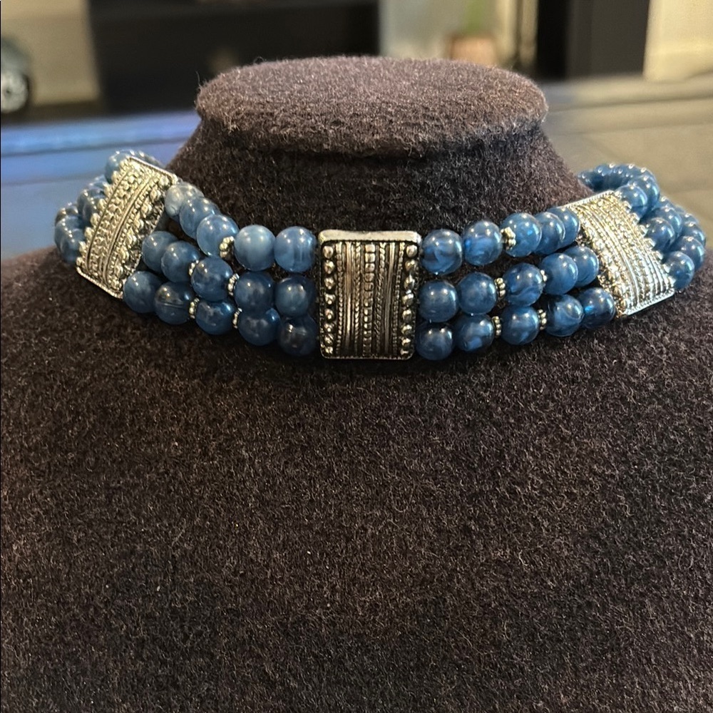 Ed Levin EL Signed Blue Beaded Choker Necklace with Silver Accents​